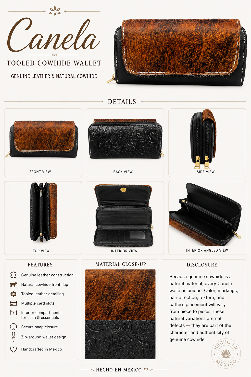 Canela Tooled Cowhide Wallet
