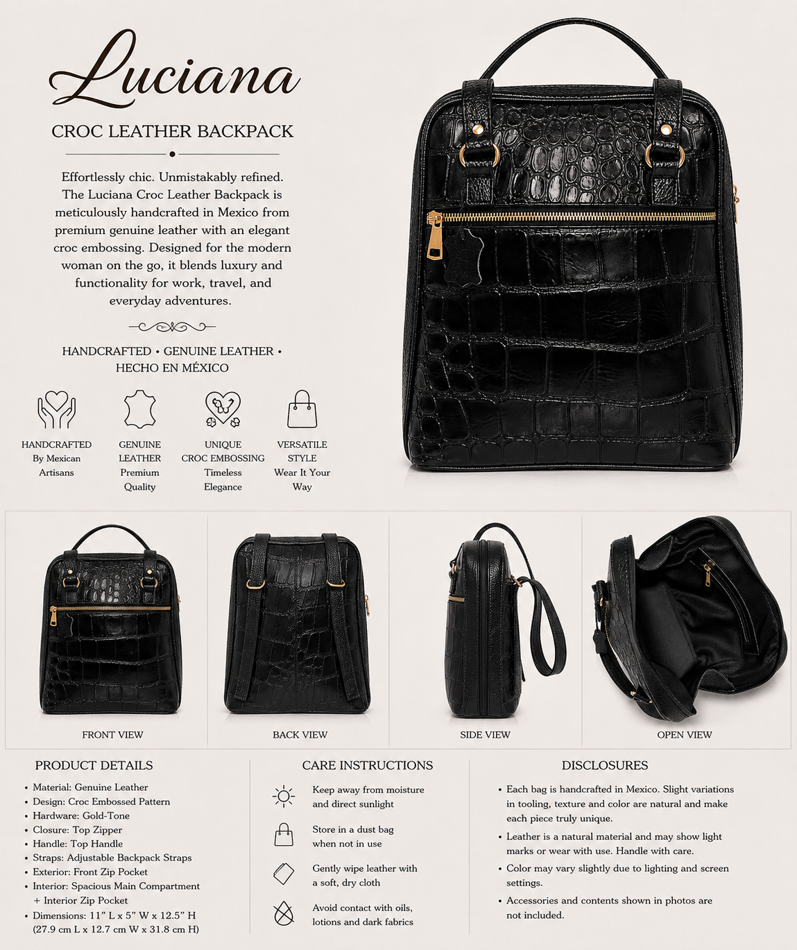 Luciana Croc Embossed Leather Backpack
